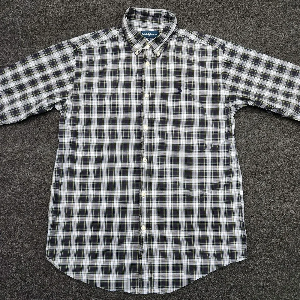 Ralph Lauren Boys Large 14-16 Green Blue Plaid Button Down‎ Shirt